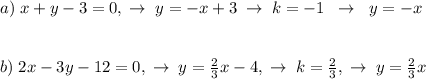 a)\; x+y-3=0,\; \to \; y=-x+3\; \to \; k=-1\; \; \to \; \; y=-x\\\\\\b)\; 2x-3y-12=0,\; \to \; y=\frac{2}{3}x-4,\; \to \; k=\frac{2}{3},\; \to \; y=\frac{2}{3}x