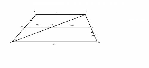 Средняя линия трапеции равна 22 см. одно из её оснований на 8 см больше другого. найдите длины отрез