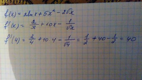 Значение производной функции f(x)=2lnx+5x^2-2√x в точке x0=4 равно