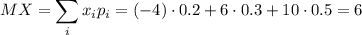 \displaystyle MX=\sum_ix_ip_i=(-4)\cdot0.2+6\cdot0.3+10\cdot0.5=6