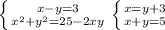 \left \{ {{x-y=3} \atop {x^{2}+y^{2}=25-2xy }} \right. \left \{ {{x=y+3} \atop {x+y=5}} \right.