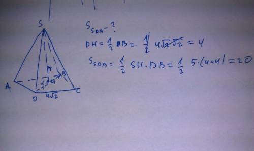 Сторона основы правильной четырехугольной пирамиды = 4кореня из 2, а высота – 5см. найти площу диаго