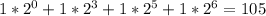 1* 2^{0}+1* 2^{3}+1* 2^{5}+1* 2^{6}=105&#10;