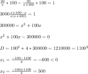 \frac{30}{x}*100-\frac{30}{x+100}*100=1\\\\3000\frac{x+100-x}{x(x+100)}=1\\\\300000=x^{2}+100x\\\\x^{2}+100x-300000=0\\\\D=100^2+4*300000=1210000=1100^2\\\\ x_1=\frac{-100-1100}{2}=-600