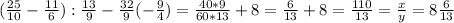 ( \frac{25}{10} - \frac{11}{6} ) : \frac{13}{9} - \frac{32}{9}(- \frac{9}{4}) = \frac{40 * 9}{60*13} + 8= \frac{6}{13} +8= \frac{110}{13} = \frac{x}{y} = 8\frac{6}{13}