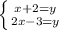 \left \{ {{x+2=y} \atop {2x-3=y}} \right.