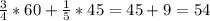 \frac{3}{4}*60 + \frac{1}{5}*45=45+9=54