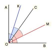 Угол аов равен 90 градусов. лучи ом и ок - биссектрисы углов сов и соа. найти угол мок