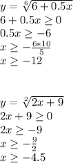 y=\sqrt[6]{6+0.5x}\\6+0.5x \geq 0\\0.5x \geq -6\\x \geq -\frac{6*10}{5}\\x \geq -12\\\\\\y=\sqrt[2]{2x+9}\\2x+9 \geq 0\\2x \geq -9\\x \geq -\frac{9}{2}\\x \geq -4.5