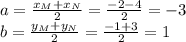 a= \frac{x_M+x_N}{2}= \frac{-2-4}{2}=-3 \\ b=\frac{y_M+y_N}{2}= \frac{-1+3}{2}=1