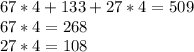 67*4+133+27*4=509 \\ 67*4=268 \\ 27*4=108 \\