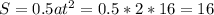 S=0.5a t^{2} =0.5*2*16=16