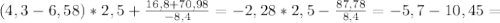 (4,3-6,58)*2,5+ \frac{16,8+70,98}{-8,4}= -2,28*2,5- \frac{87,78}{8,4}= -5,7-10,45=