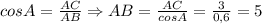 cos A= \frac{AC}{AB}\Rightarrow AB=\frac{AC}{cos A}= \frac{3}{0,6}=5