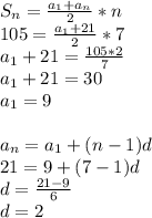 S_n=\frac{a_1+a_n}{2}*n\\105=\frac{a_1+21}{2}*7\\a_1+21=\frac{105*2}{7}\\a_1+21=30\\a_1=9\\\\a_n=a_1+(n-1)d\\21=9+(7-1)d\\d=\frac{21-9}{6}\\d=2