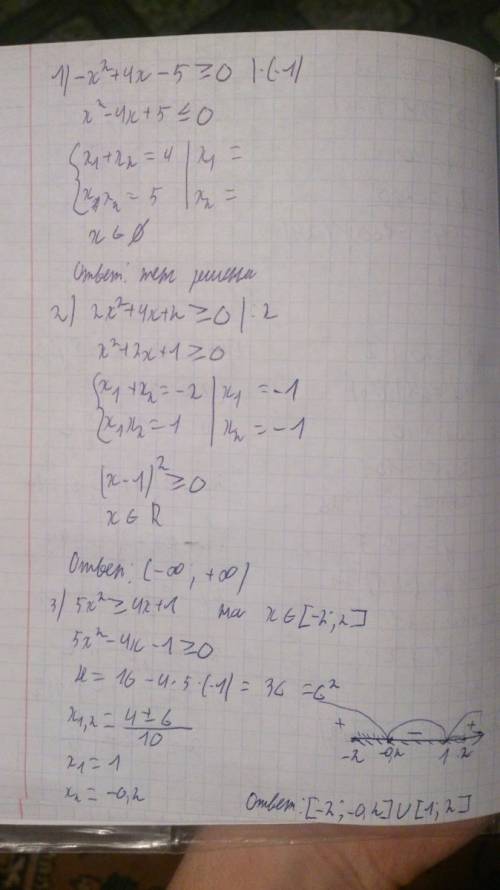 1)решить методом интервалов -x²+4х-5 ≥0 2x²+4х+2 ≥0 2)найдите решения неравенств 5x²≥4х+1,принадлежа