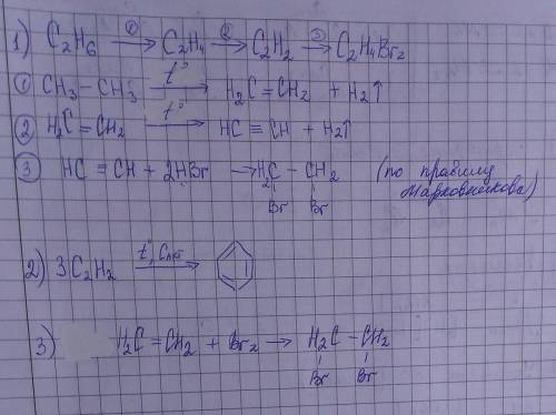 1) c2h6-> c2h4-> c2h2-> c2h4br2 2)c2h2-> c6h6 3)c2h4-> c2h4br2