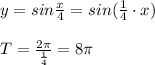 y=sin\frac{x}{4}=sin(\frac{1}{4}\cdot x)\\\\T=\frac{2\pi}{\frac{1}{4}}=8\pi