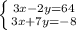 \left \{ {{3x-2y=64} \atop {3x+7y=-8}} \right.