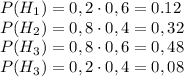 P(H_1)=0,2\cdot0,6=0.12\\P(H_2)=0,8\cdot0,4=0,32\\P(H_3)=0,8\cdot0,6=0,48\\P(H_3)=0,2\cdot0,4=0,08