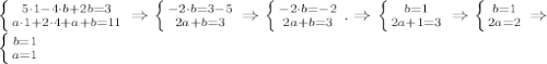 \left \{ {{5\cdot 1-4\cdot b+2b=3} \atop {a\cdot 1+2\cdot 4+a+b=11}} \right. \Rightarrow \left \{ {{-2\cdot b=3-5} \atop {2a+b=3}} \right.\Rightarrow \left \{ {{-2\cdot b=-2} \atop {2a+b=3}} \right..\Rightarrow \left \{ {{ b=1} \atop {2a+1=3}} \right.\Rightarrow \left \{ {{ b=1} \atop {2a=2}} \right.\Rightarrow \\ \left \{ {{ b=1} \atop {a=1}} \right.