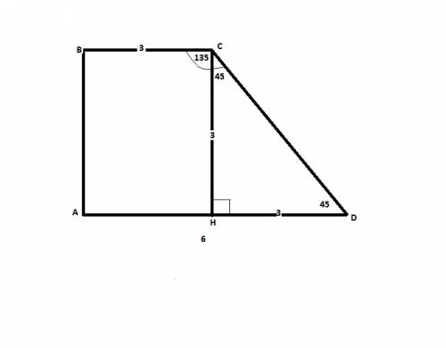 Найдите площадь прямоугольной трапеции с основанием 3 см и 6 см и углом 135 градусов