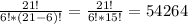 \frac{21!}{6! * (21 - 6)!} = \frac{21!}{6! * 15!} = 54264