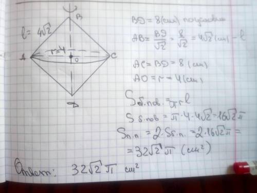 50 квадрат с диагональю 8 см вращается вокруг диагонали найти площадь тела вращения. ​
