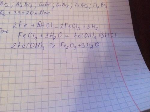 Составить уровнение реакцыи согласно схемы преобразования: fe -> fecl3 -> fe(oh)3 -> fe2o3