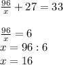 \frac{96}{x}+27=33 \\ \\ &#10; \frac{96}{x}=6 \\ x=96:6 \\ x=16