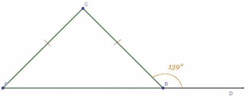 Втреугольнике abc ас=вс. внешний угол при вершине в равен 139 градусов. найдите угол с. ответ дайте