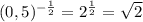 (0,5) ^{- \frac{1}{2} }=2 ^{ \frac{1}{2}} = \sqrt{2}