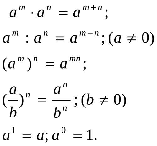 Формулы свойства степени в общем виде