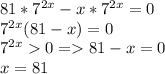 81*7^{2x}-x*7^{2x}=0\\7^{2x}(81-x)=0\\7^{2x}0 =81-x=0\\x=81