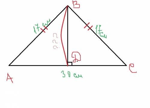 Боковая сторона равнобедренного треугольника равна 17 см, а основание 30 см. найти высоту, пооведенн