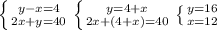 \left \{ {{y-x=4} \atop {2x+y=40}} \right. \left \{ {{y=4+x} \atop {2x+(4+x)=40}} \right. \left \{ {{y=16} \atop {x=12}} \right.