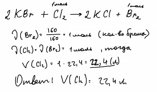 Какой обьем хлора необходимо для получения 160г брома из бромида калия