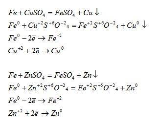 Fe+cuso4=feso4+cu fe+znso4= ? решите второй , расставите коэффициенты и степень окисления для обоих