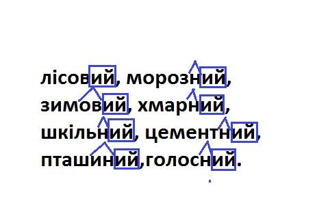 Уприкметниках позначити закінчення і суфікси: лісовий, морозяний, зимовий, хмарний, шкільний, цемент