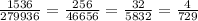 \frac{1536}{279936} = \frac{256}{46656} = \frac{32}{5832} = \frac{4}{729}