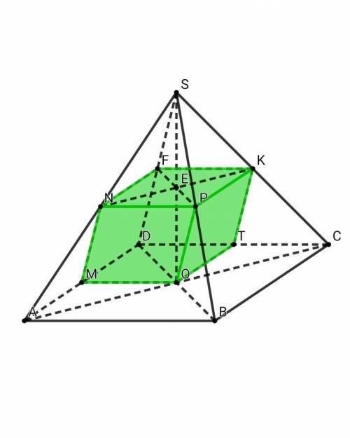 Длина каждого ребра четырехугольной пирамиды abcd равна 8 см. точки n,p,k,f,m,t- середины ребер sa,s