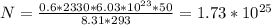 N= \frac{0.6*2330*6.03*10 ^{23} *50}{8.31*293} =1.73*10 ^{25}