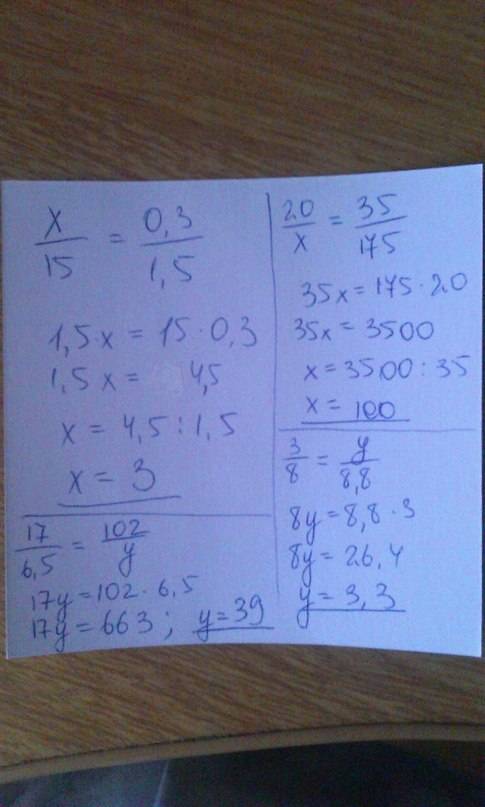 Используя свойство пропорции, найдите неизвестный член пропорции: а) х: 15=0,3: 1,5 б) 20: х=35: 175