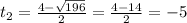 t_{2} = \frac{4- \sqrt{196} }{2} = \frac{4-14}{2} =-5