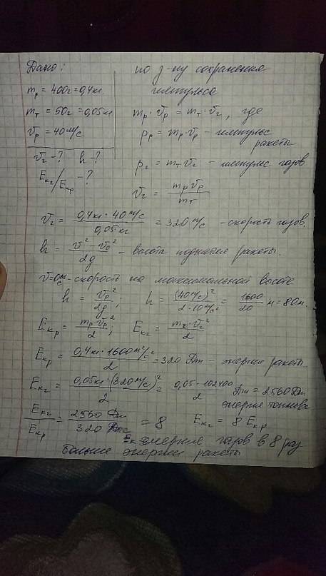 Модель ракеты ,масса которой без заряда 400 г,при сгорании топлива поднимается на некоторую высоту.