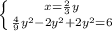 \left \{ {{x= \frac{2}{3}y } \atop { \frac{4}{9} y^{2} -2 y^{2} +2 y^{2} =6 }} \right.