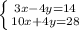 \left \{ {{3x-4y=14} \atop {10x+4y=28}} \right.