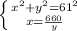 \left \{ {{ x^{2} +y^{2}=61^{2}} \atop {x= \frac{660}{y}}} \right.