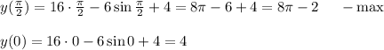 y( \frac{\pi}{2}) =16\cdot\frac{\pi}{2}-6\sin\frac{\pi}{2}+4=8 \pi -6+4=8 \pi -2~~~~-\max\\ \\ y(0)=16\cdot0-6\sin 0+4=4