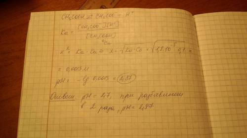 Вычислить рн 0.2 м раствора уксусной кислоты сн3соон. насколько изменится рн после разбавления раств